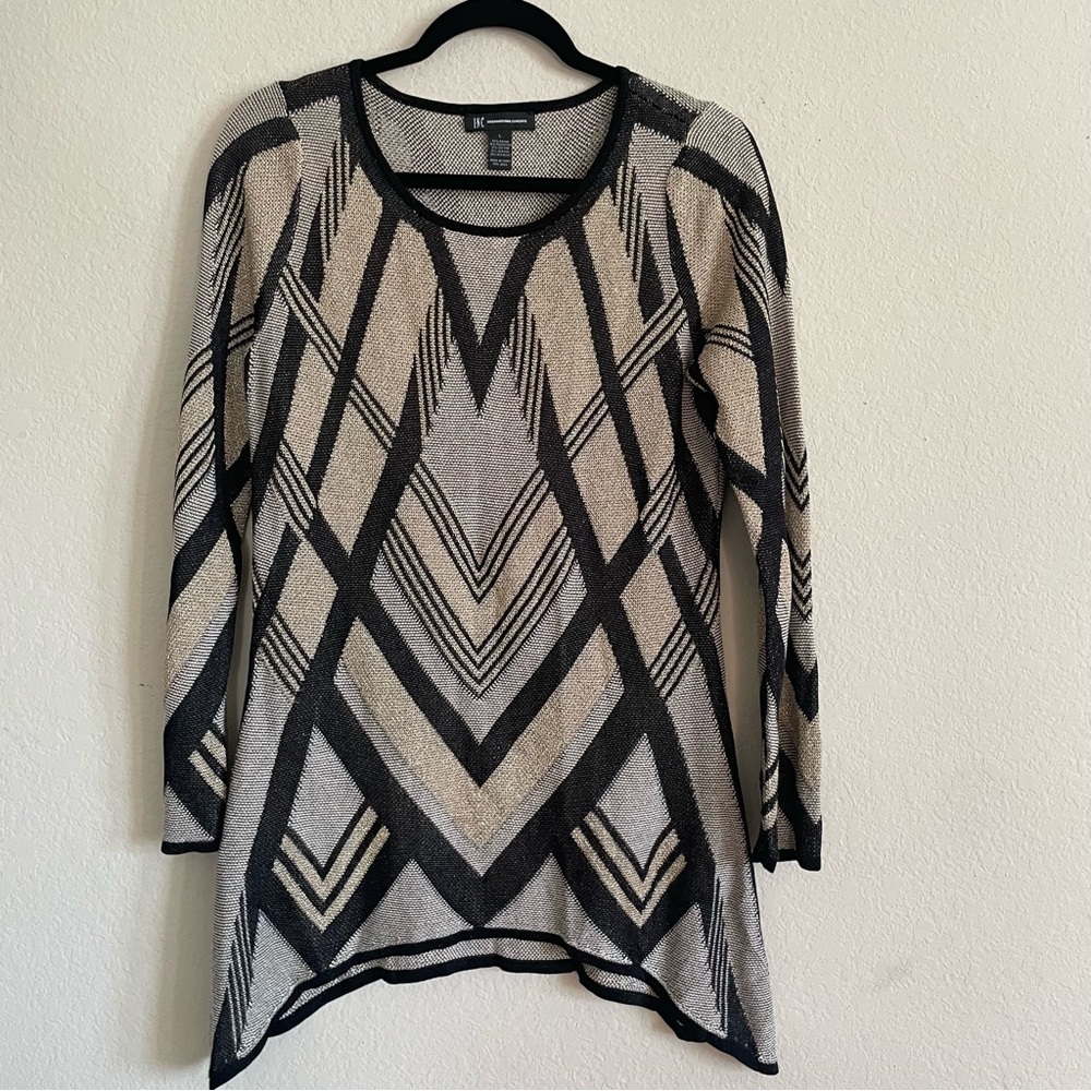 INC abstract holiday glitter sweater top size L asymmetrical hem sophisticated - Picture 9 of 9